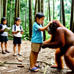 **Image:** A diverse group of people (children, adults) participating in a hands-on environmental education workshop in Kinabalu National Park, learning about the impact of deforestation on orangutan habitats. Focus on the interactive nature of the workshop and the surrounding lush forest environment.